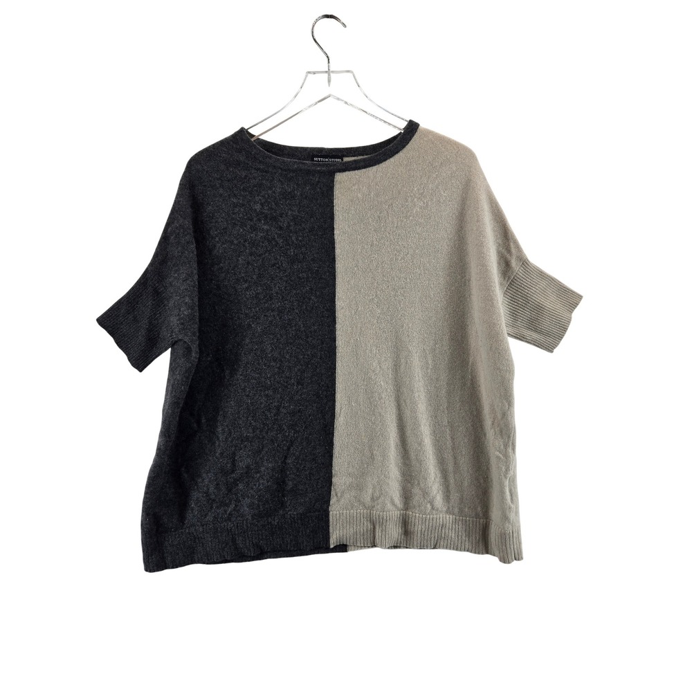 Sutton Studio Women 100% Cashmere Colorblock Short Sleeve Sweater Grey Beige S M
